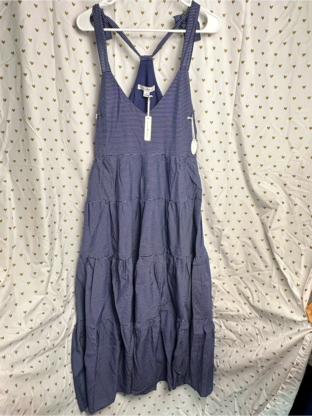 Tiered Navy Striped Maxi Dress with Tie Straps maternity nursing dress